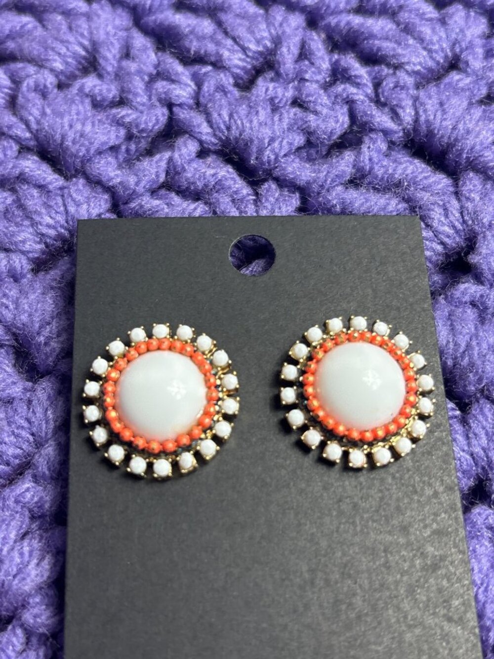 Vintage White Plastic Cabochon Rhinestone Stud Earrings Orange Enamel 0.75 inch